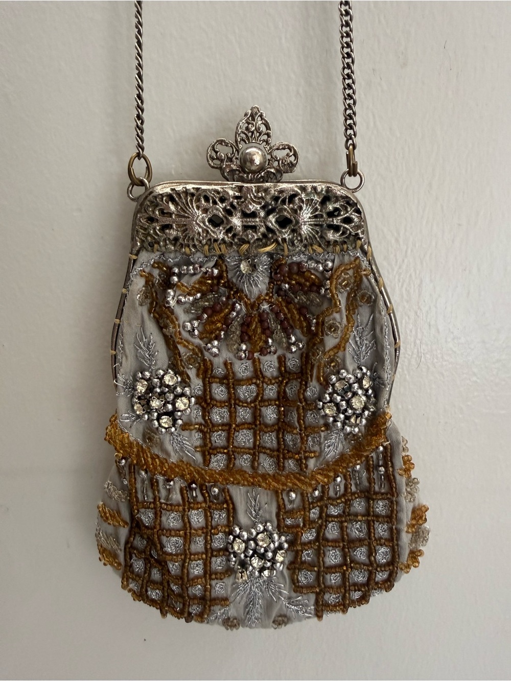 Christiana 100% silk vintage hand beaded Bag in Silver and Gold
